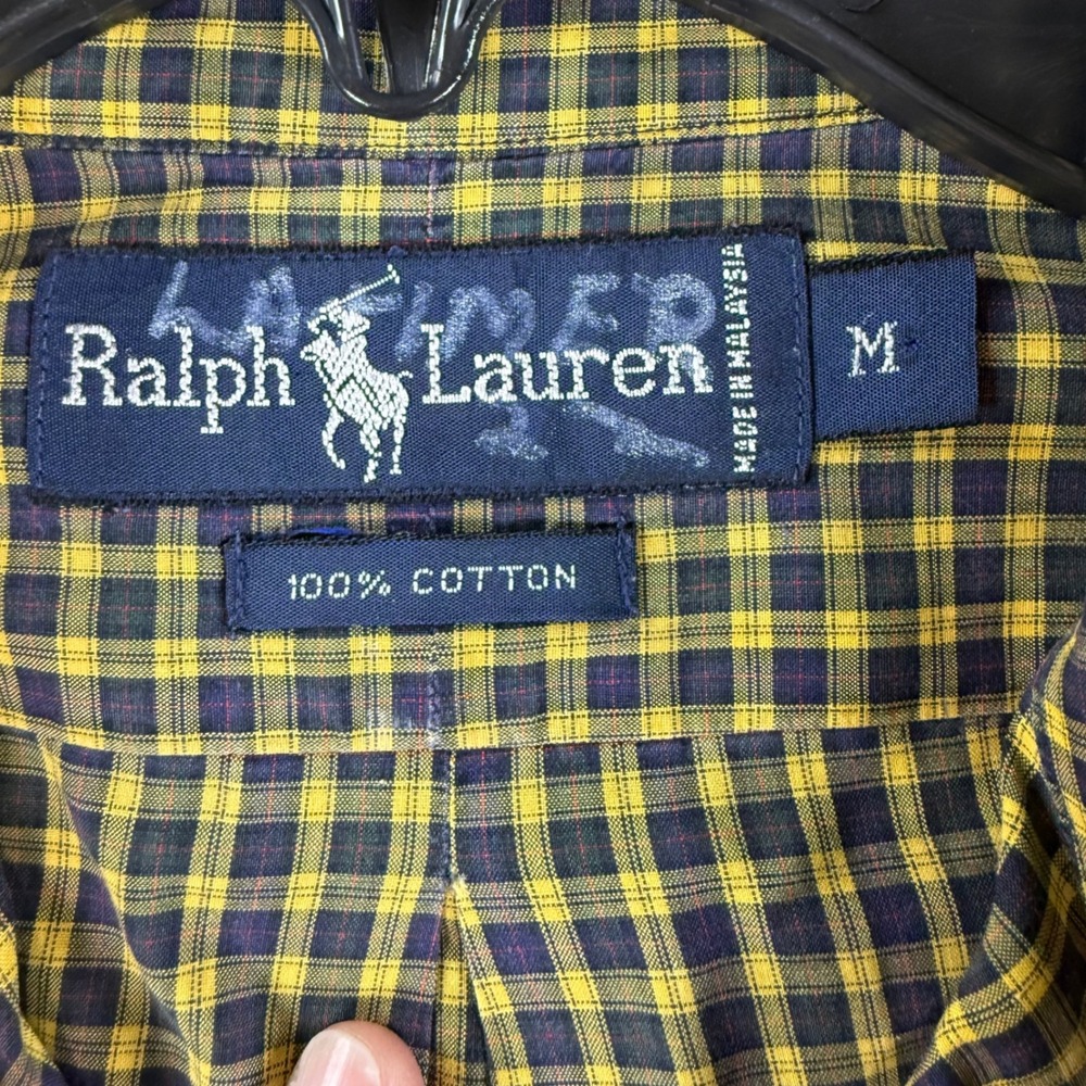 Polo Ralph Lauren Mens Plaid Button Down Shirt Yellow Navy Blue Cotton Size M - Picture 6 of 9